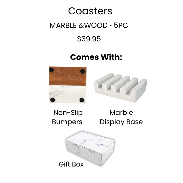 Marble & Acacia Wood Coaster Set – 5 Piece Collection