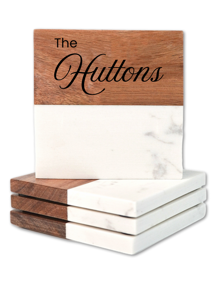 Marble & Acacia Wood Coaster Set – 5 Piece Collection