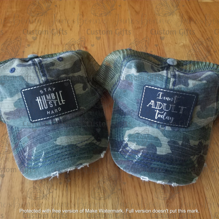 Ponytail cap with custom engraved faux leather patch