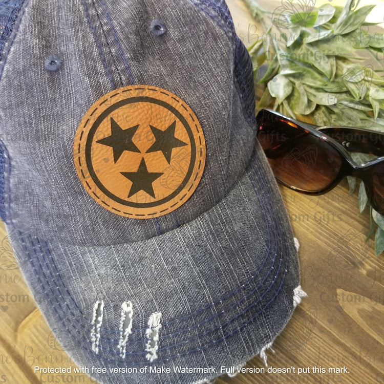 Ponytail cap with custom engraved faux leather patch