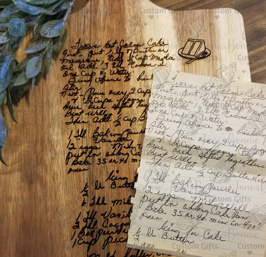 Heirloom handwritten recipe engraved wood bread board